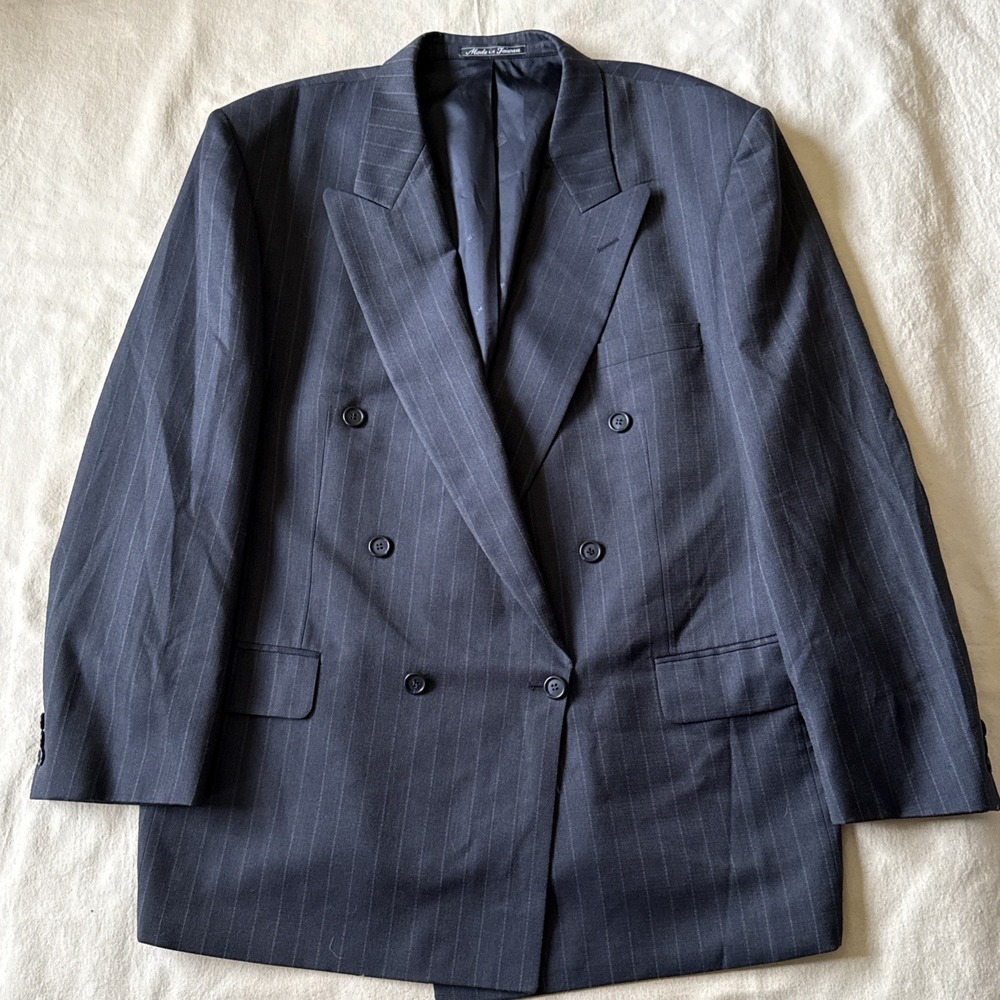 Pierre Balmain Double Breasted Blazer Jacket 48 Peak Lapel Gray Striped